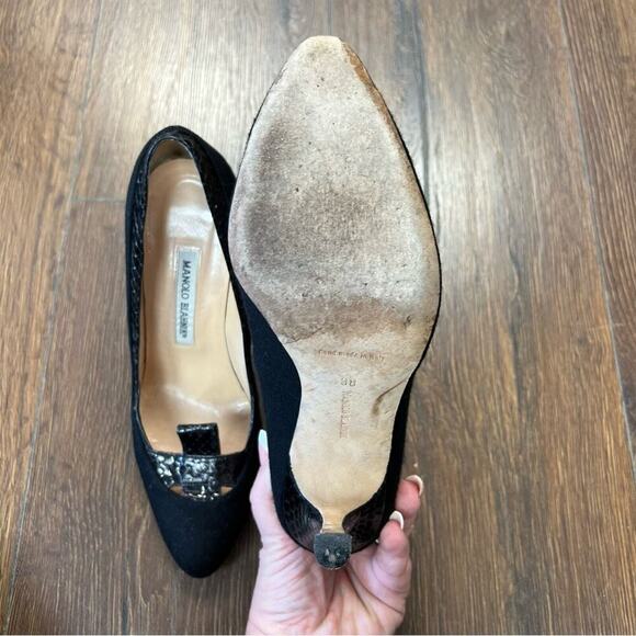 Manolo Blahnik Black wool blend/snakeskin pumps SZ 38 - Picture 6 of 9